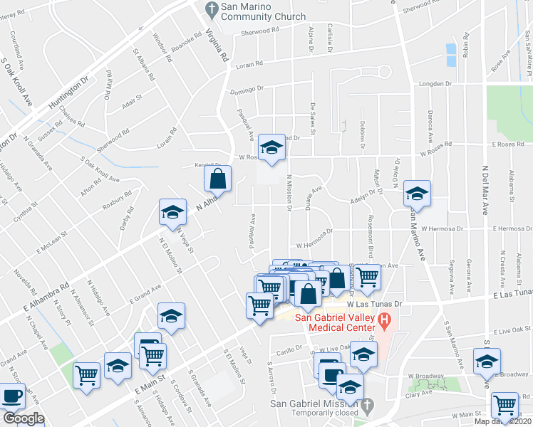 map of restaurants, bars, coffee shops, grocery stores, and more near 323 Bridge Street in San Gabriel