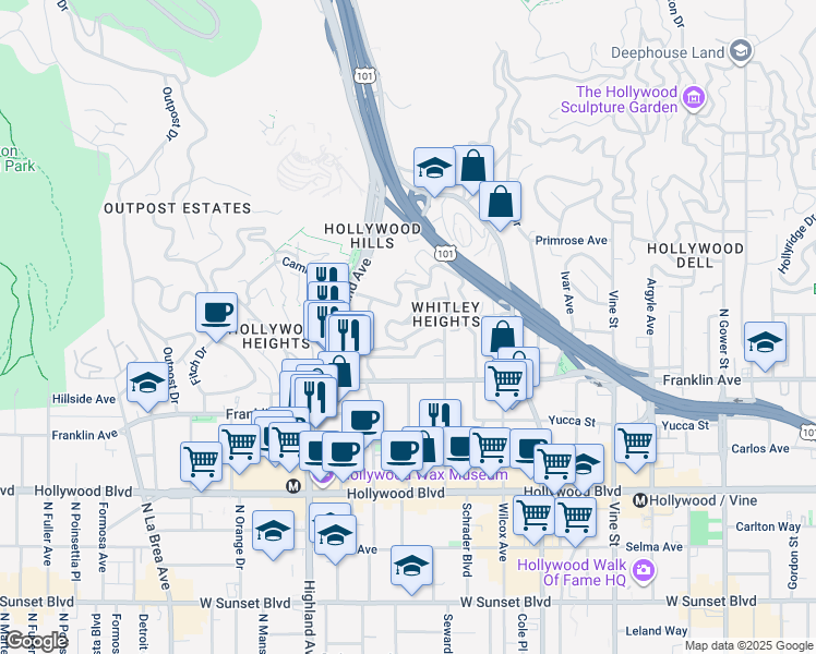 map of restaurants, bars, coffee shops, grocery stores, and more near 2073 Grace Avenue in Los Angeles