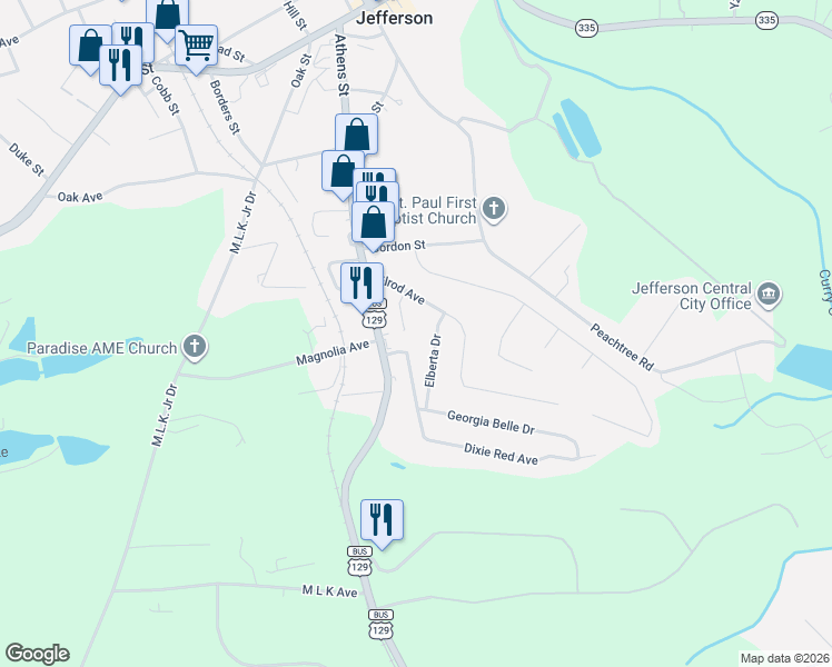 map of restaurants, bars, coffee shops, grocery stores, and more near 44 Elberta Drive in Jefferson