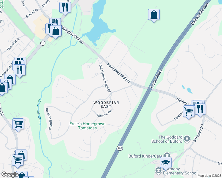 map of restaurants, bars, coffee shops, grocery stores, and more near 4347 Old Hamilton Mill Road in Buford