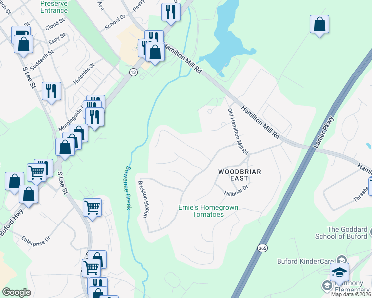 map of restaurants, bars, coffee shops, grocery stores, and more near 4420 Signal Ridge Court in Buford