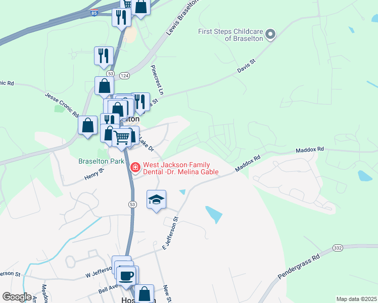 map of restaurants, bars, coffee shops, grocery stores, and more near 140 Golden Eagle Parkway in Hoschton
