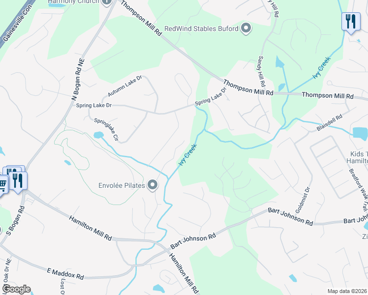 map of restaurants, bars, coffee shops, grocery stores, and more near 3115 Promenade Place in Buford