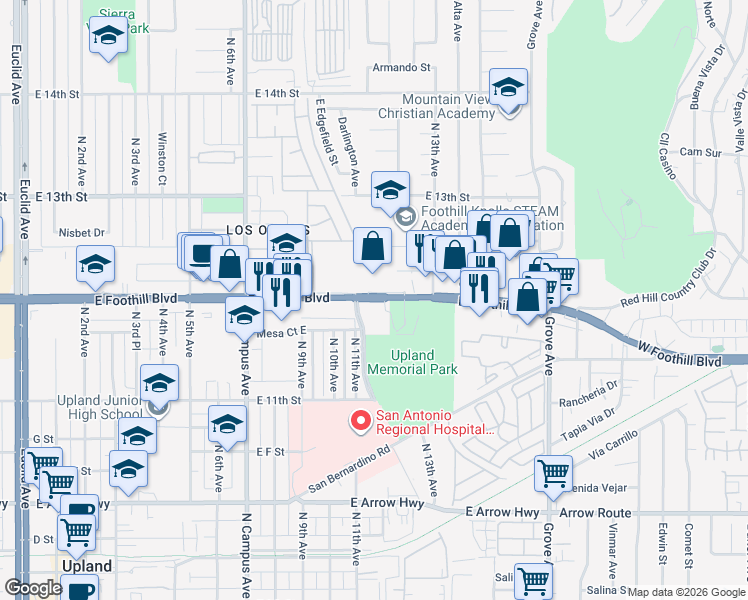 map of restaurants, bars, coffee shops, grocery stores, and more near 1134 East Foothill Boulevard in Upland