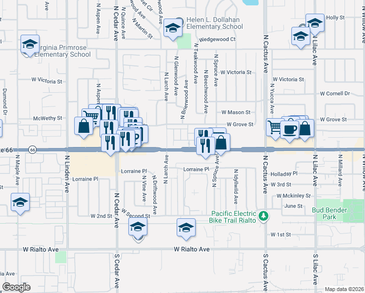 map of restaurants, bars, coffee shops, grocery stores, and more near 1045 West Clover Avenue in Rialto