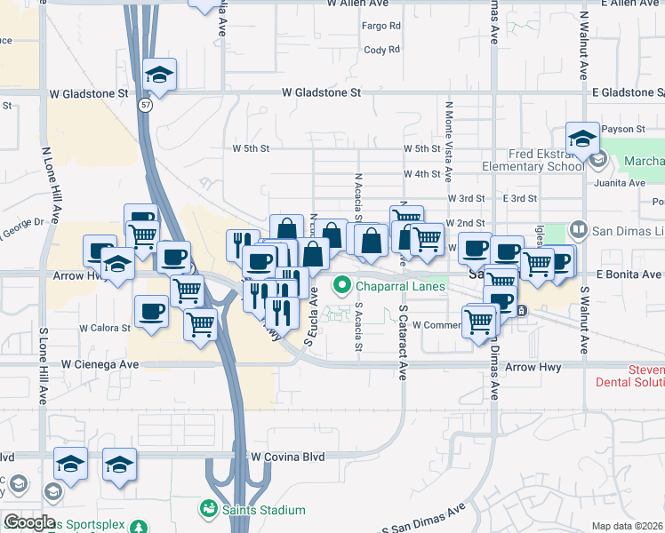 map of restaurants, bars, coffee shops, grocery stores, and more near 425 West Bonita Avenue in San Dimas