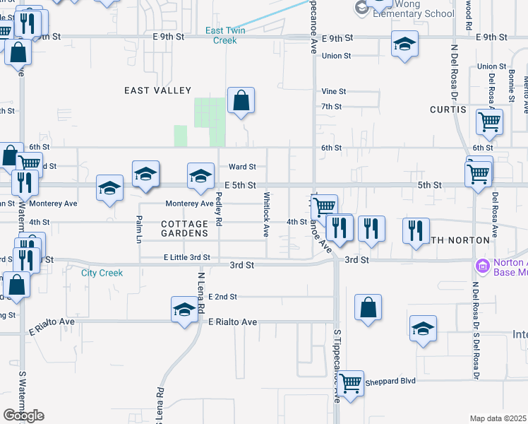 map of restaurants, bars, coffee shops, grocery stores, and more near 24799 Monterey Avenue in San Bernardino