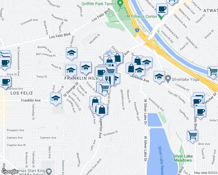 map of restaurants, bars, coffee shops, grocery stores, and more near 2664 Hyperion Avenue in Los Angeles