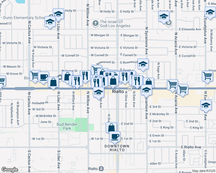 map of restaurants, bars, coffee shops, grocery stores, and more near 172 West Foothill Boulevard in Rialto