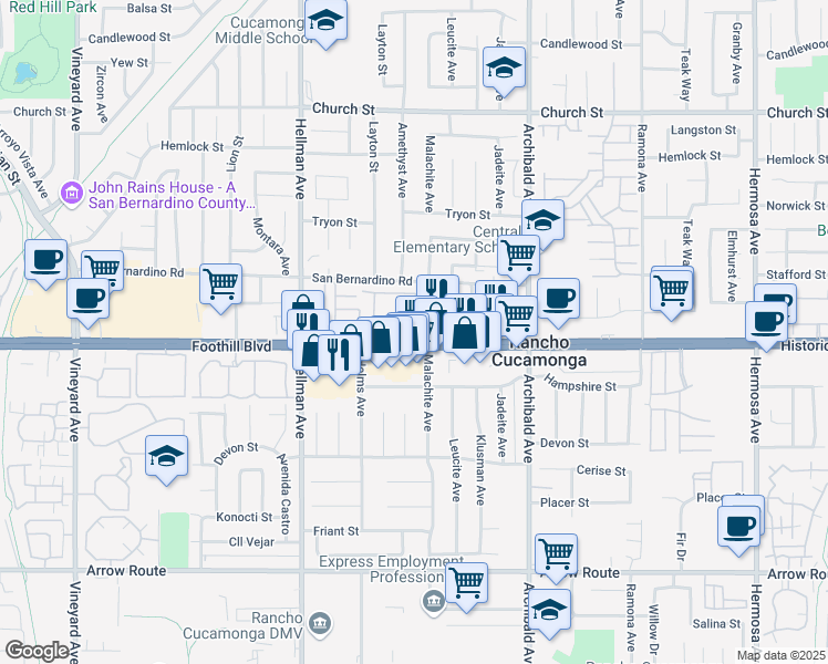 map of restaurants, bars, coffee shops, grocery stores, and more near 9497 Jack Rabbit Drive in Rancho Cucamonga