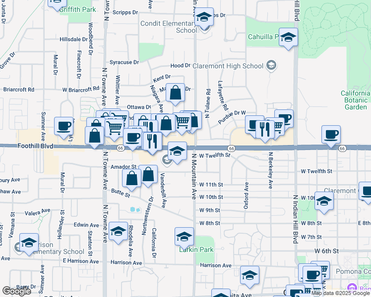 map of restaurants, bars, coffee shops, grocery stores, and more near 864 West Foothill Boulevard in Claremont