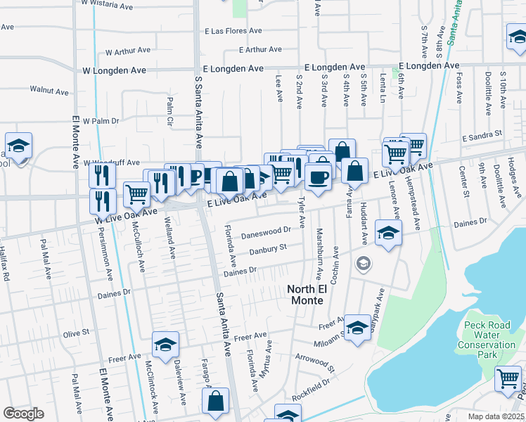 map of restaurants, bars, coffee shops, grocery stores, and more near 11209 Lynrose Street in Arcadia
