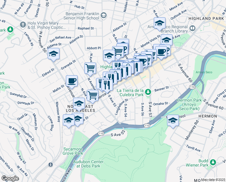 map of restaurants, bars, coffee shops, grocery stores, and more near 118 South Avenue 54 in Los Angeles