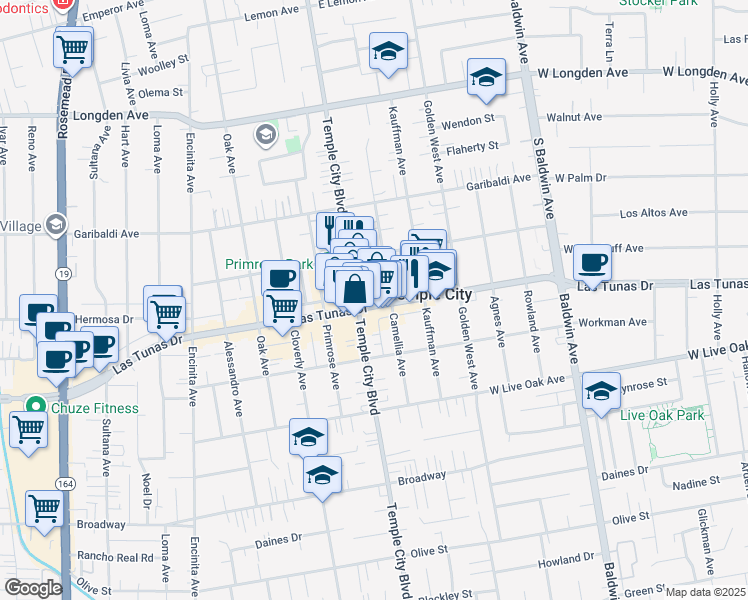 map of restaurants, bars, coffee shops, grocery stores, and more near in Temple City