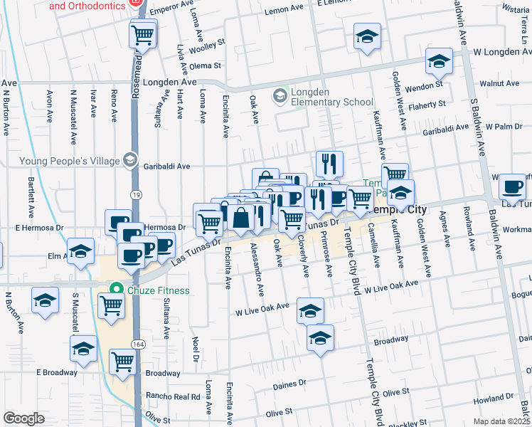 map of restaurants, bars, coffee shops, grocery stores, and more near 5929 Oak Avenue in Temple City