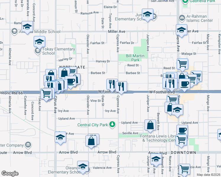 map of restaurants, bars, coffee shops, grocery stores, and more near 16468 Foothill Boulevard in Fontana