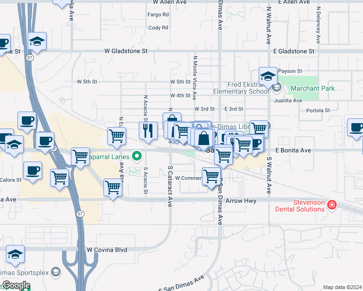 map of restaurants, bars, coffee shops, grocery stores, and more near 232 West Bonita Avenue in San Dimas