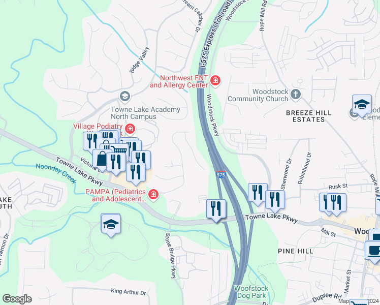 map of restaurants, bars, coffee shops, grocery stores, and more near 518 Parkstone Lane in Woodstock