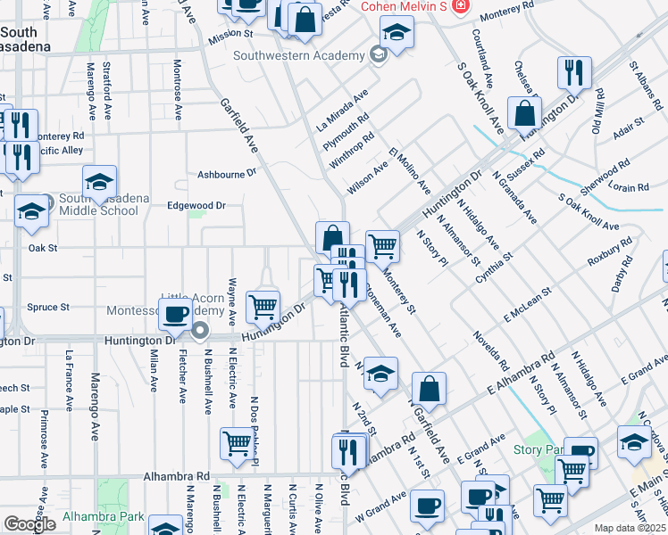 map of restaurants, bars, coffee shops, grocery stores, and more near 375 Huntington Drive in San Marino