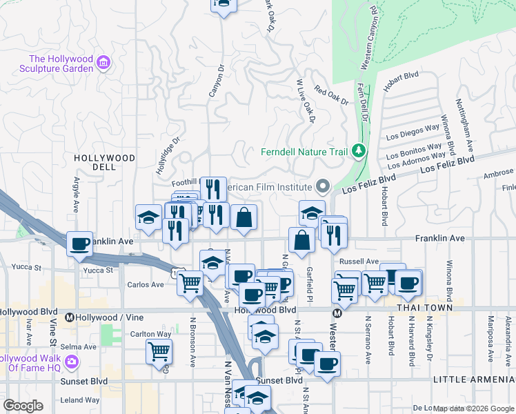 map of restaurants, bars, coffee shops, grocery stores, and more near 1959 North Wilton Place in Los Angeles