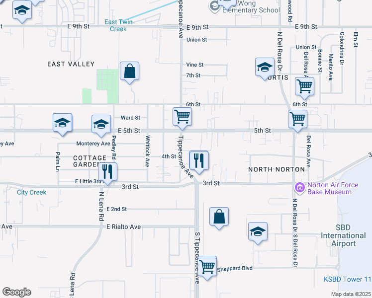map of restaurants, bars, coffee shops, grocery stores, and more near 8077 Tippecanoe Avenue in San Bernardino