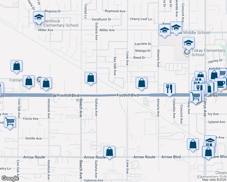 map of restaurants, bars, coffee shops, grocery stores, and more near 15526 West Historic Route 66 in Fontana