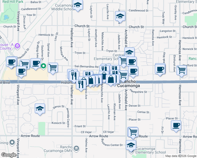 map of restaurants, bars, coffee shops, grocery stores, and more near 9471 Jack Rabbit Drive in Rancho Cucamonga