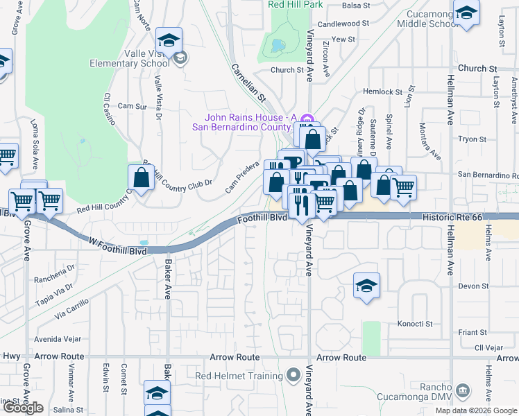 map of restaurants, bars, coffee shops, grocery stores, and more near 8808 West Historic Route 66 in Rancho Cucamonga