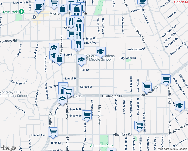 map of restaurants, bars, coffee shops, grocery stores, and more near 1716 Laurel Street in South Pasadena