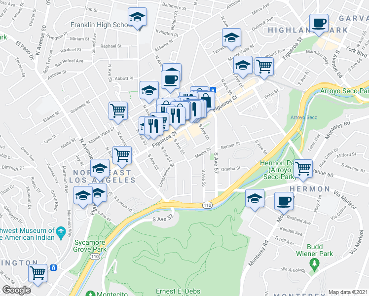 map of restaurants, bars, coffee shops, grocery stores, and more near 134 South Avenue 55 in Los Angeles