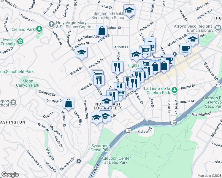 map of restaurants, bars, coffee shops, grocery stores, and more near 203 North Avenue 51 in Los Angeles