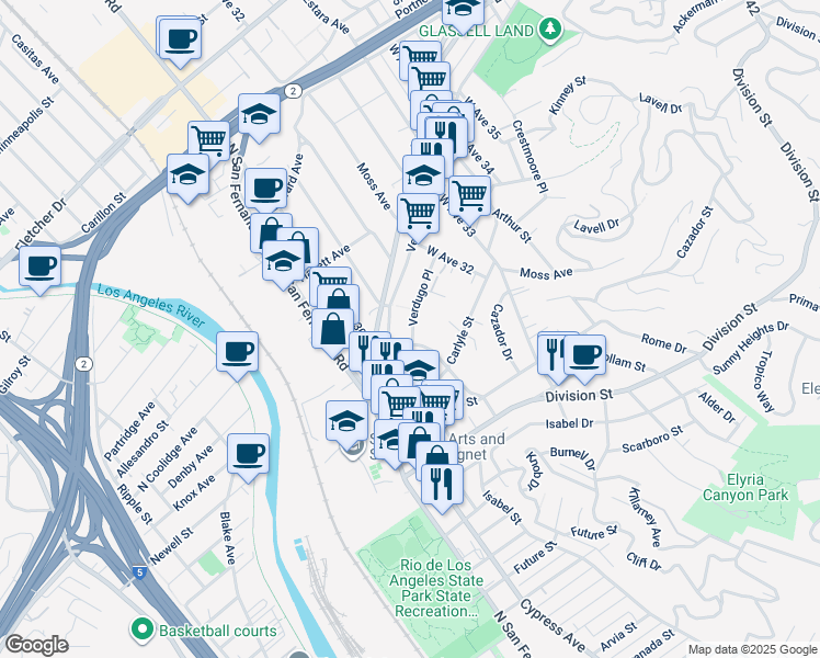 map of restaurants, bars, coffee shops, grocery stores, and more near 3110 Verdugo Road in Los Angeles
