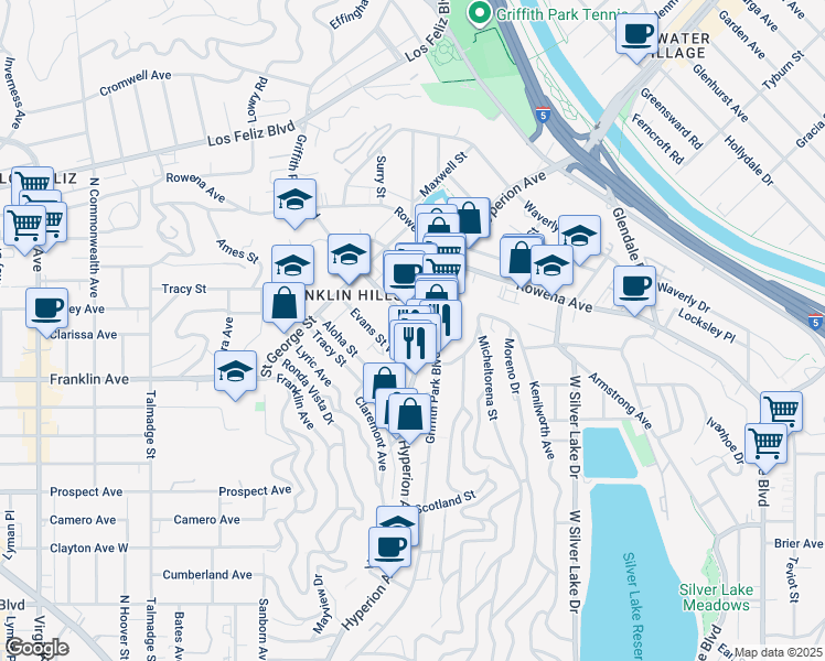 map of restaurants, bars, coffee shops, grocery stores, and more near 2727 Griffith Park Boulevard in Los Angeles