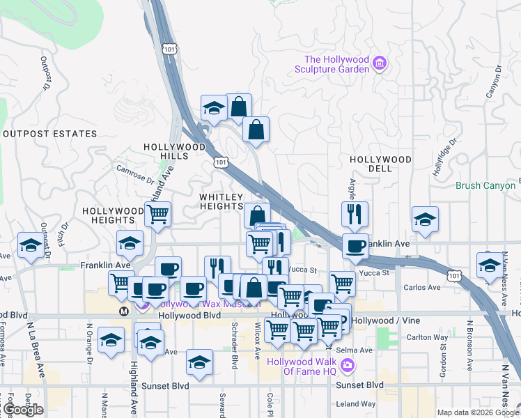 map of restaurants, bars, coffee shops, grocery stores, and more near 1958 North Cahuenga Boulevard in Los Angeles