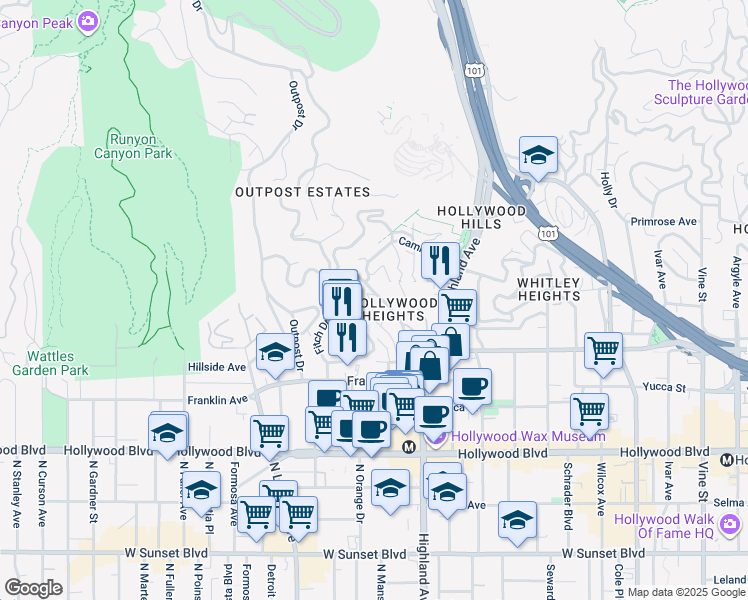 map of restaurants, bars, coffee shops, grocery stores, and more near 6927 Paseo Del Serra in Los Angeles