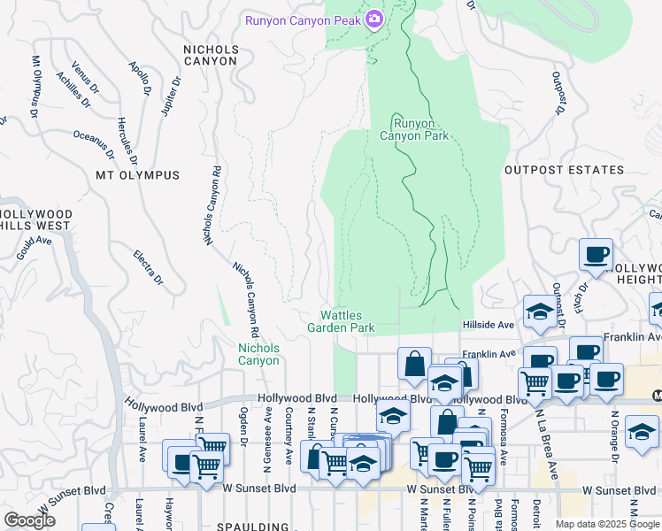 map of restaurants, bars, coffee shops, grocery stores, and more near 1850 North Curson Avenue in Los Angeles