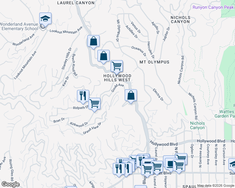 map of restaurants, bars, coffee shops, grocery stores, and more near 8201 Mannix Drive in Los Angeles