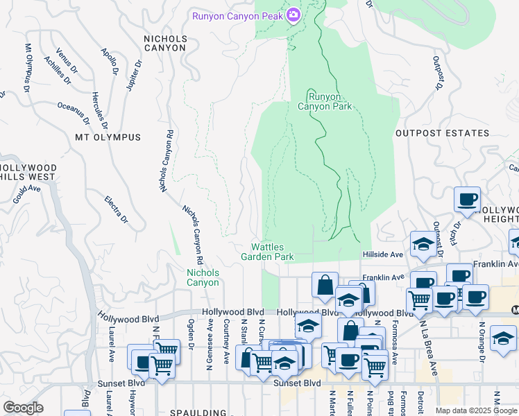 map of restaurants, bars, coffee shops, grocery stores, and more near 1850 North Curson Avenue in Los Angeles