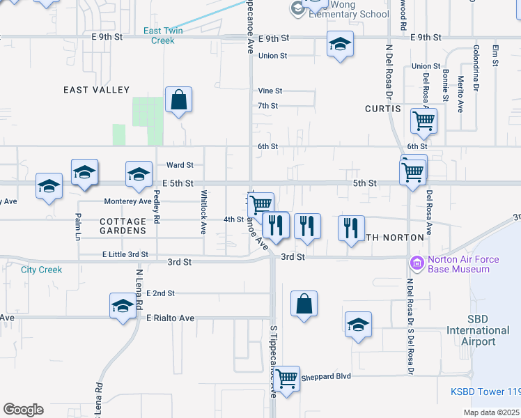map of restaurants, bars, coffee shops, grocery stores, and more near 8077 Tippecanoe Avenue in San Bernardino