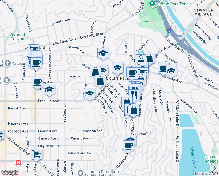 map of restaurants, bars, coffee shops, grocery stores, and more near 3851 Tracy Street in Los Angeles