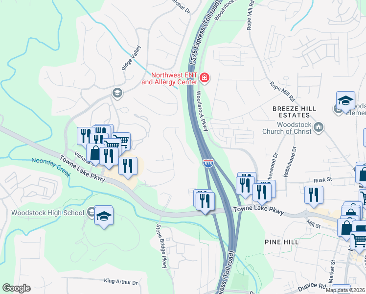 map of restaurants, bars, coffee shops, grocery stores, and more near 517 Parkstone Lane in Woodstock