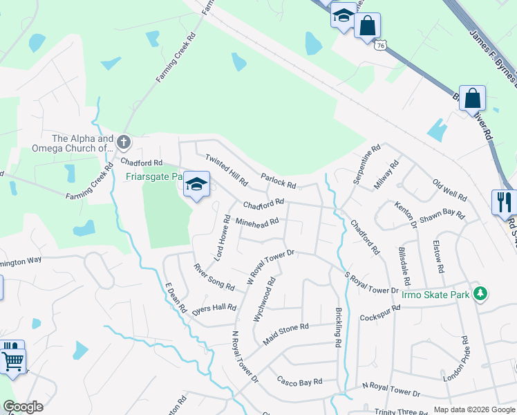 map of restaurants, bars, coffee shops, grocery stores, and more near Chadford Road in Irmo