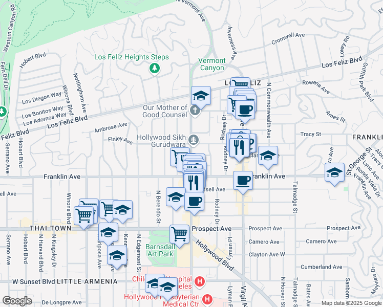 map of restaurants, bars, coffee shops, grocery stores, and more near 1954 North Vermont Avenue in Los Angeles