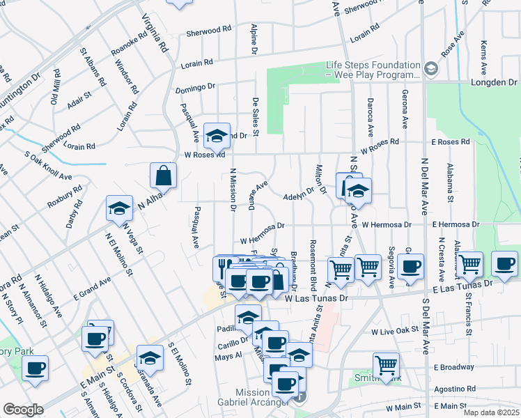 map of restaurants, bars, coffee shops, grocery stores, and more near 636 West Sycamore Drive in San Gabriel