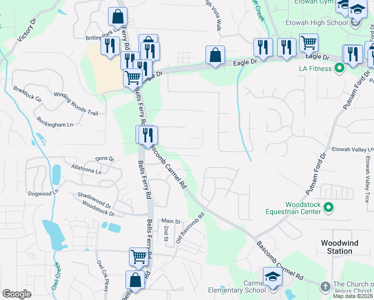 map of restaurants, bars, coffee shops, grocery stores, and more near 109 Old Mackey Road in Woodstock