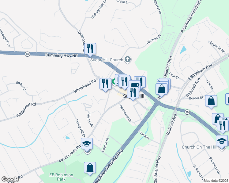 map of restaurants, bars, coffee shops, grocery stores, and more near 5010 West Broad Street Northeast in Sugar Hill