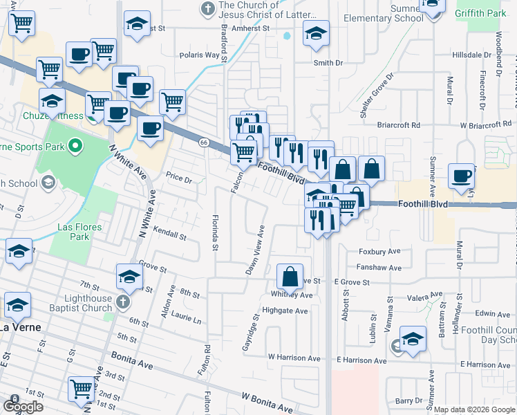 map of restaurants, bars, coffee shops, grocery stores, and more near 328 Fuego Avenue in Pomona