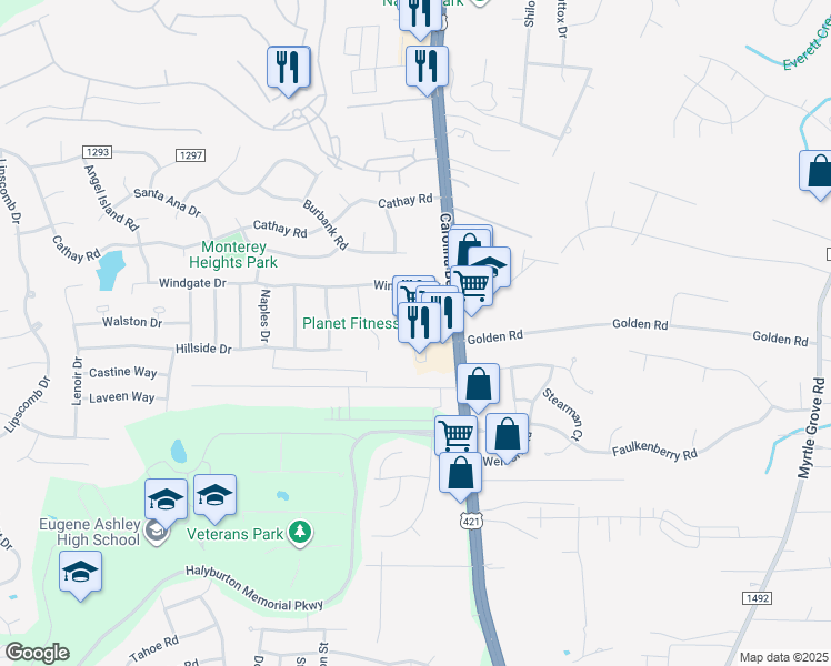 map of restaurants, bars, coffee shops, grocery stores, and more near 6400 Carolina Beach Road in Wilmington