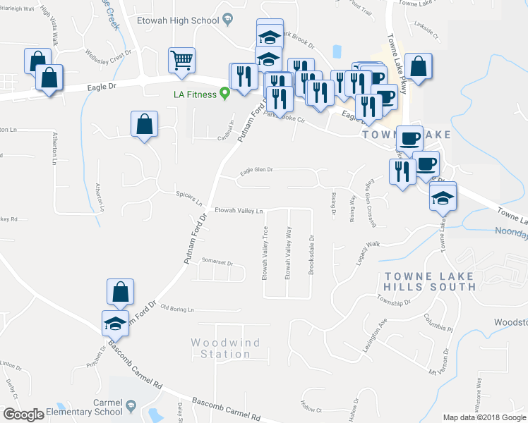 map of restaurants, bars, coffee shops, grocery stores, and more near 1118 Etowah Valley Lane in Woodstock