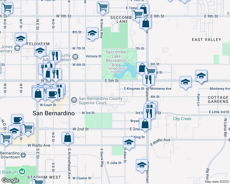 map of restaurants, bars, coffee shops, grocery stores, and more near 458 Sepulveda Avenue in San Bernardino